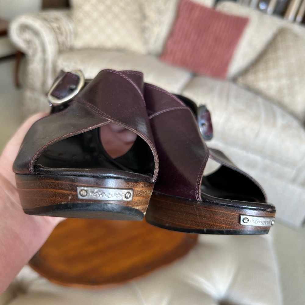 Yves Saint Laurent Women's Brown / Burgundy Wooden Heeled Sandals Size 9 - Picture 9 of 13